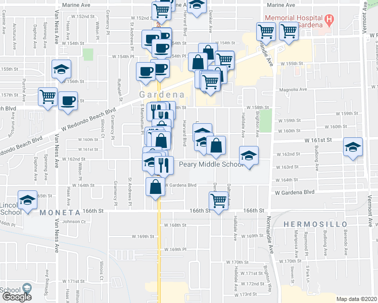 map of restaurants, bars, coffee shops, grocery stores, and more near 16016 Harvard Boulevard in Gardena