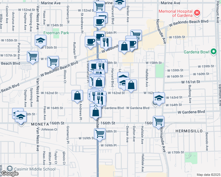 map of restaurants, bars, coffee shops, grocery stores, and more near 16020 South Western Avenue in Gardena