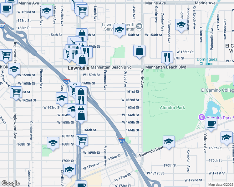 map of restaurants, bars, coffee shops, grocery stores, and more near 4124 160th Street in Lawndale