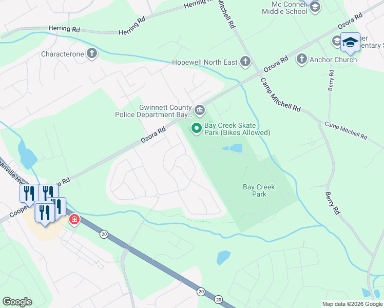 map of restaurants, bars, coffee shops, grocery stores, and more near 147-161 Ozora Road in Loganville