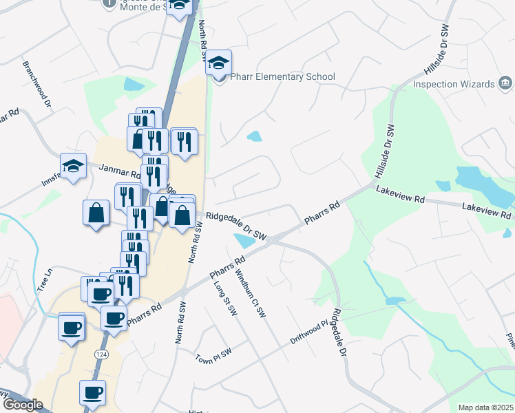 map of restaurants, bars, coffee shops, grocery stores, and more near 1697 Ramblewood Way Southwest in Snellville