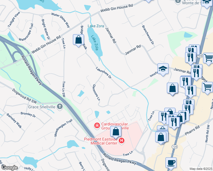 map of restaurants, bars, coffee shops, grocery stores, and more near 1320 Kildare Court Southwest in Snellville
