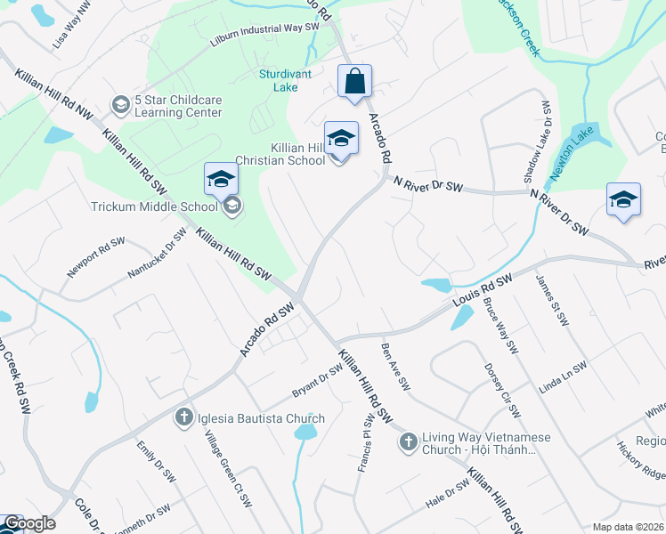 map of restaurants, bars, coffee shops, grocery stores, and more near 219 Hokes Place Southwest in Lilburn