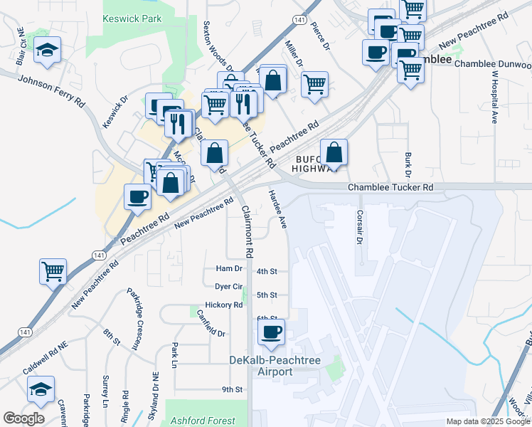 map of restaurants, bars, coffee shops, grocery stores, and more near 4189 Clairmont Road in Atlanta