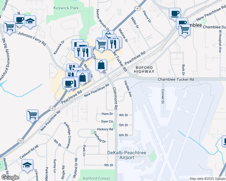 map of restaurants, bars, coffee shops, grocery stores, and more near 1000 Bozeman Drive in Chamblee