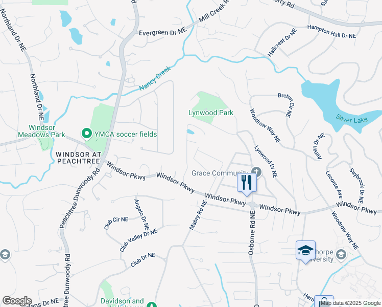 map of restaurants, bars, coffee shops, grocery stores, and more near 3224 Windsor Lake Drive Northeast in Atlanta