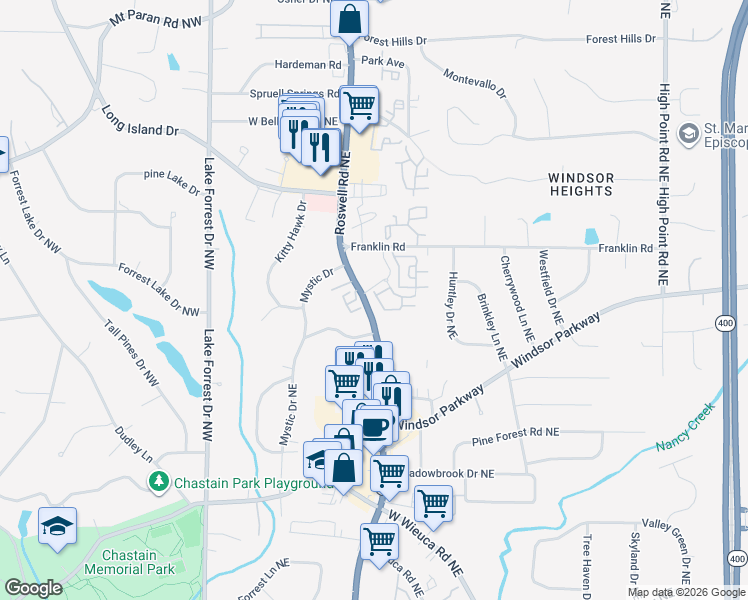 map of restaurants, bars, coffee shops, grocery stores, and more near 4204 Deming Circle in Sandy Springs