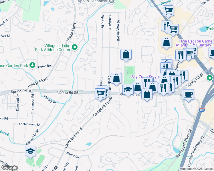 map of restaurants, bars, coffee shops, grocery stores, and more near 2804 Carolyn Drive in Smyrna