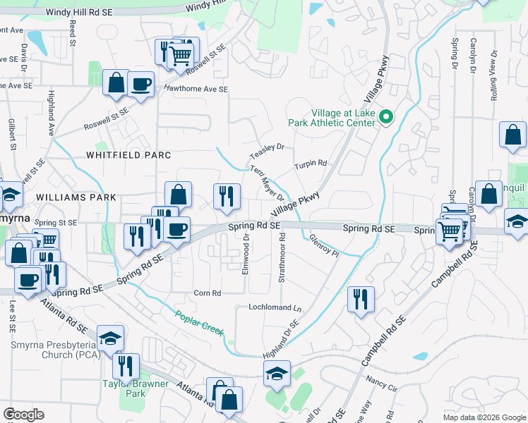 map of restaurants, bars, coffee shops, grocery stores, and more near 1860 Shenandoah Valley Lane Southeast in Smyrna