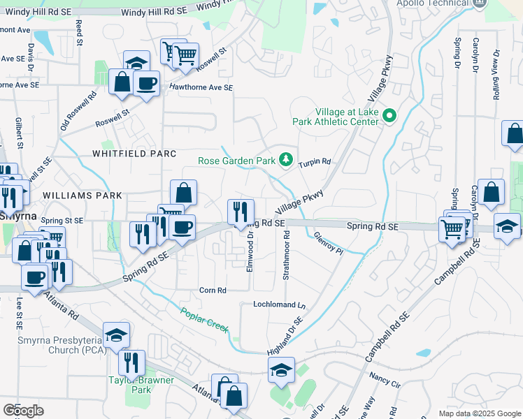 map of restaurants, bars, coffee shops, grocery stores, and more near 1820 Cumberland Valley Place Southeast in Smyrna