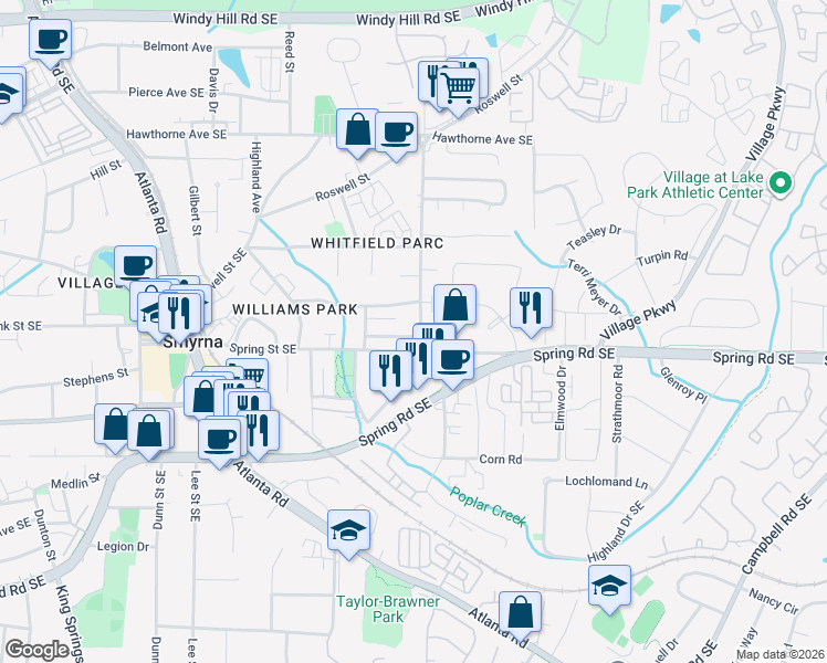 map of restaurants, bars, coffee shops, grocery stores, and more near 1635 Ivy Spring Drive Southeast in Smyrna