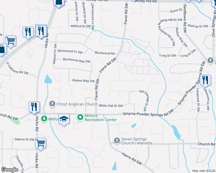 map of restaurants, bars, coffee shops, grocery stores, and more near 547 Shay Drive Southwest in Marietta