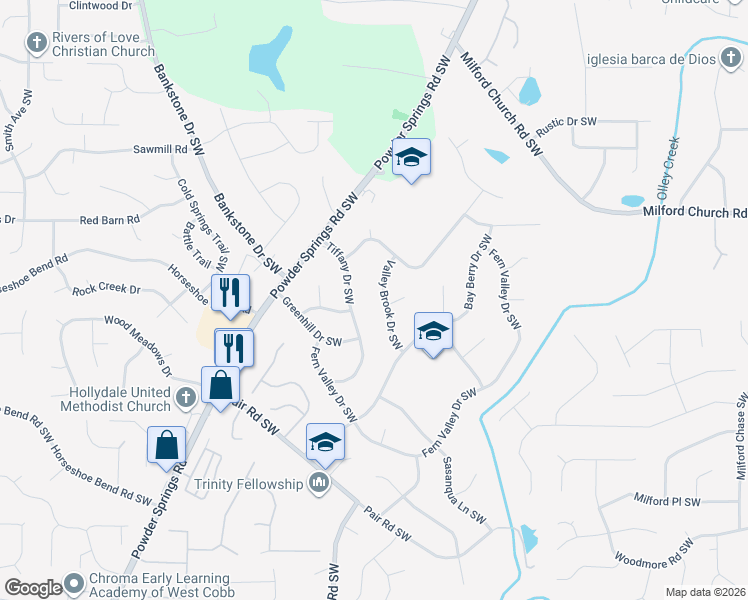 map of restaurants, bars, coffee shops, grocery stores, and more near 2840 Valley Brook Drive Southwest in Marietta