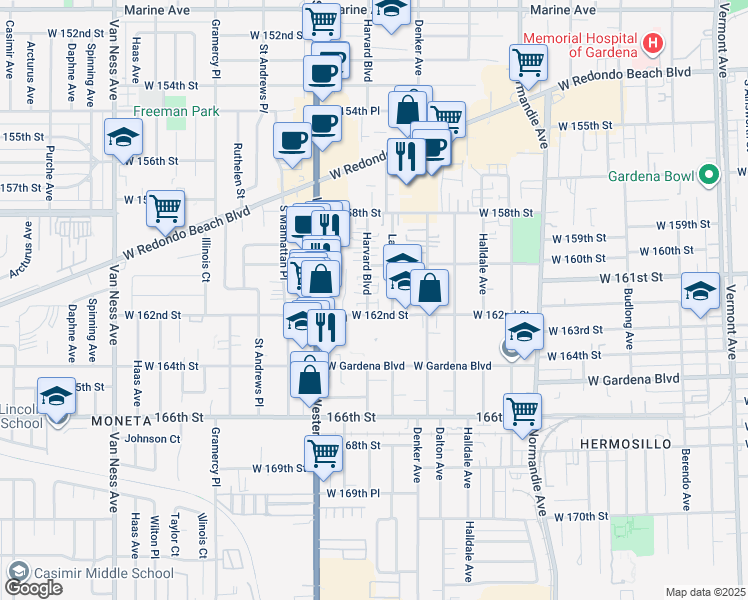 map of restaurants, bars, coffee shops, grocery stores, and more near 16120 Harvard Boulevard in Gardena