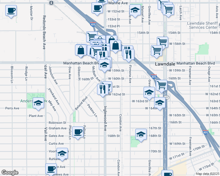 map of restaurants, bars, coffee shops, grocery stores, and more near 4740 161st Street in Lawndale