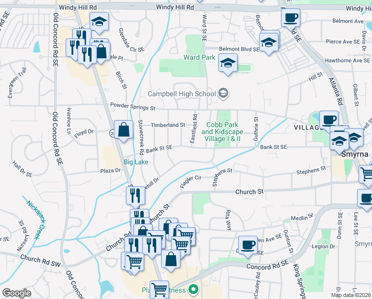 map of restaurants, bars, coffee shops, grocery stores, and more near 842 Bank Street Southeast in Smyrna