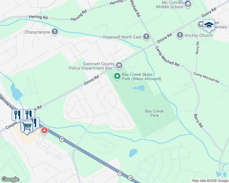 map of restaurants, bars, coffee shops, grocery stores, and more near 147-161 Ozora Road in Loganville