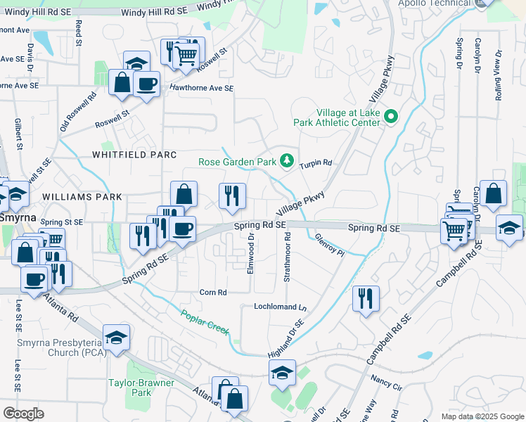 map of restaurants, bars, coffee shops, grocery stores, and more near 1820 Cumberland Valley Place Southeast in Smyrna