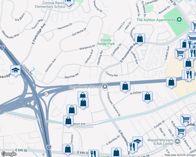 map of restaurants, bars, coffee shops, grocery stores, and more near 409 Harding Circle in Corona