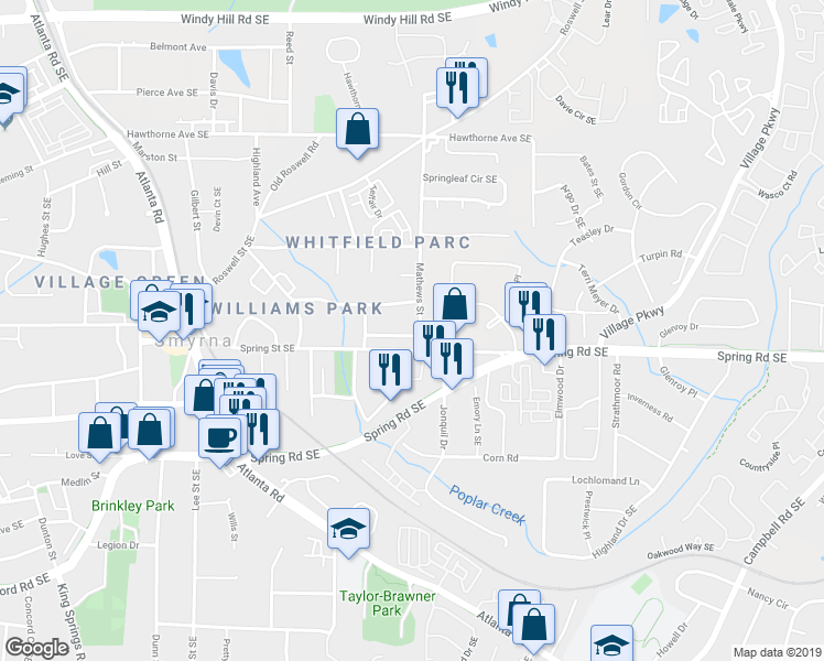 map of restaurants, bars, coffee shops, grocery stores, and more near 1635 Ivy Spring Drive Southeast in Smyrna