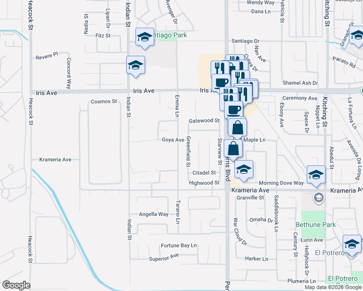 map of restaurants, bars, coffee shops, grocery stores, and more near 16245 Emma Lane in Moreno Valley