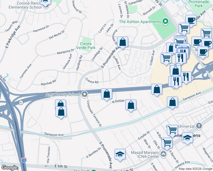 map of restaurants, bars, coffee shops, grocery stores, and more near 379 Roosevelt Circle in Corona