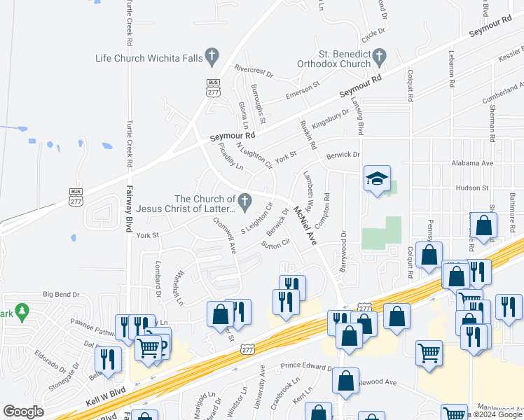 map of restaurants, bars, coffee shops, grocery stores, and more near 4310 South Leighton Circle in Wichita Falls