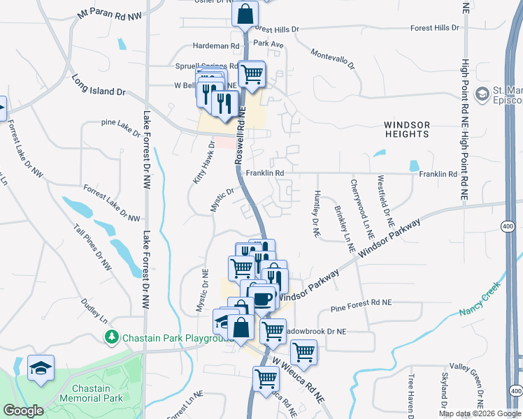 map of restaurants, bars, coffee shops, grocery stores, and more near 4204 Deming Circle in Sandy Springs