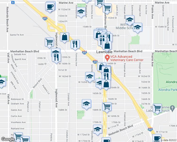 map of restaurants, bars, coffee shops, grocery stores, and more near 4516 West 161st Street in Lawndale