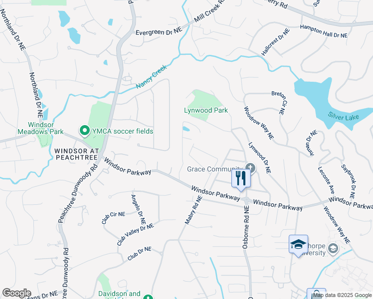 map of restaurants, bars, coffee shops, grocery stores, and more near 3224 Windsor Lake Drive Northeast in Atlanta