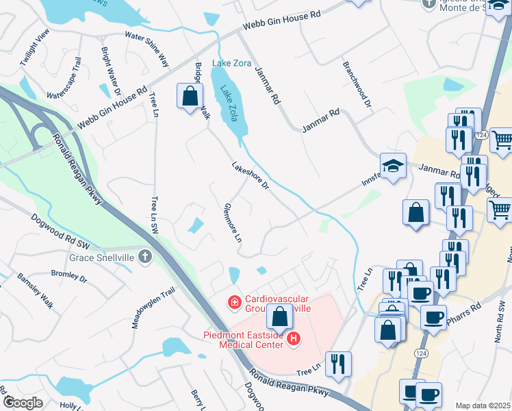 map of restaurants, bars, coffee shops, grocery stores, and more near 1320 Kildare Court Southwest in Snellville