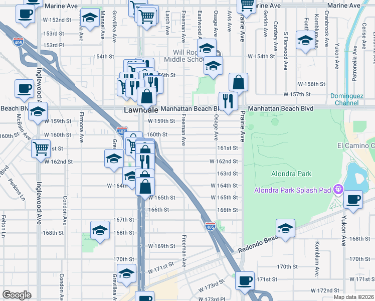 map of restaurants, bars, coffee shops, grocery stores, and more near 4170 161st Street in Lawndale