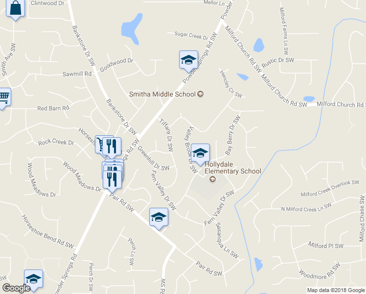 map of restaurants, bars, coffee shops, grocery stores, and more near 2840 Valley Brook Drive Southwest in Marietta