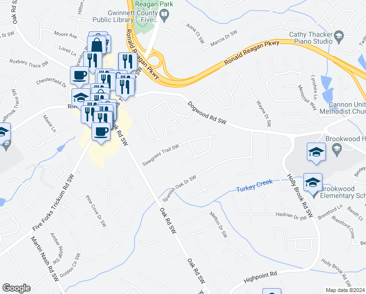 map of restaurants, bars, coffee shops, grocery stores, and more near 2884 Sawgrass Trail Southwest in Lilburn