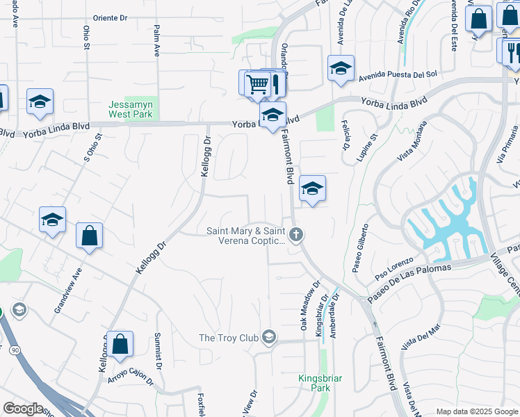 map of restaurants, bars, coffee shops, grocery stores, and more near 5301 Marynell Drive in Yorba Linda