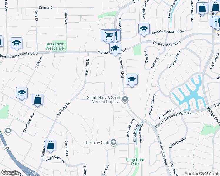 map of restaurants, bars, coffee shops, grocery stores, and more near 5301 Marynell Drive in Yorba Linda