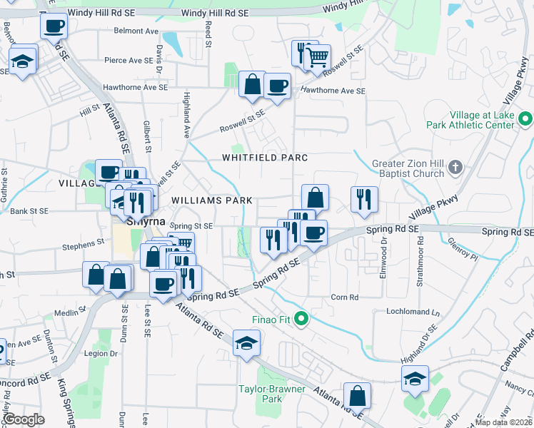 map of restaurants, bars, coffee shops, grocery stores, and more near 1586 Walker Street in Smyrna