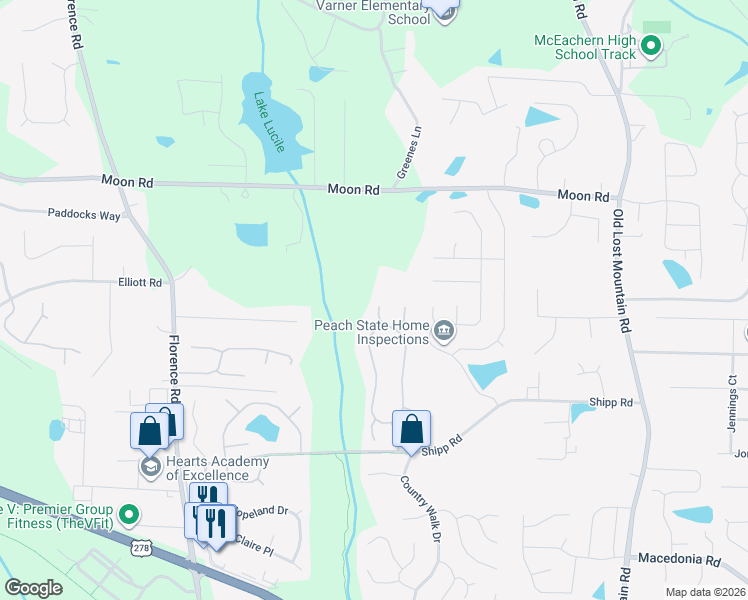 map of restaurants, bars, coffee shops, grocery stores, and more near 2981 Elberta Terrace in Powder Springs