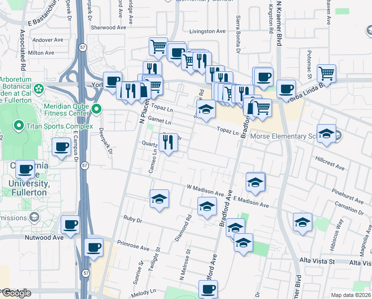 map of restaurants, bars, coffee shops, grocery stores, and more near 3175 Quartz Lane in Fullerton