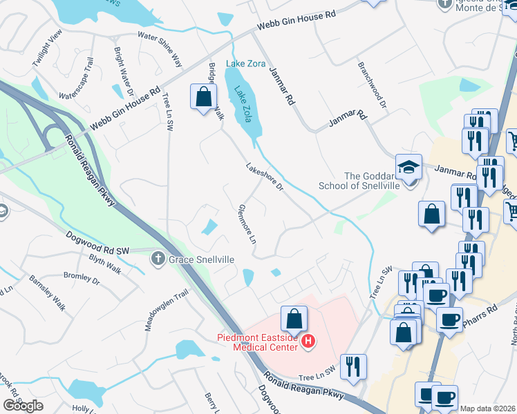 map of restaurants, bars, coffee shops, grocery stores, and more near 2164 Glenmore Lane in Snellville