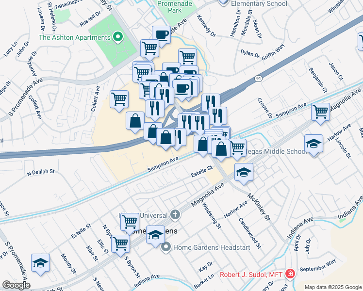 map of restaurants, bars, coffee shops, grocery stores, and more near 2199 Sampson Avenue in Corona