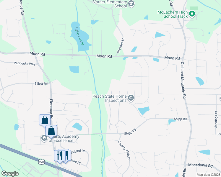 map of restaurants, bars, coffee shops, grocery stores, and more near 2981 Elberta Terrace in Powder Springs