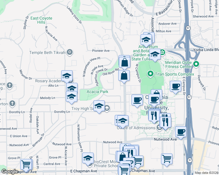 map of restaurants, bars, coffee shops, grocery stores, and more near 2215 Old Creek Lane in Fullerton