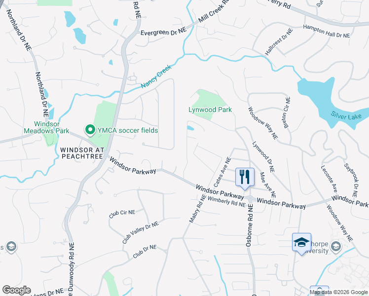 map of restaurants, bars, coffee shops, grocery stores, and more near 3224 Windsor Lake Drive Northeast in Atlanta