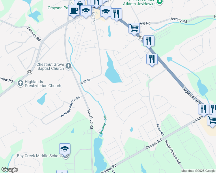 map of restaurants, bars, coffee shops, grocery stores, and more near 2189 Arlington Walk Lane in Grayson