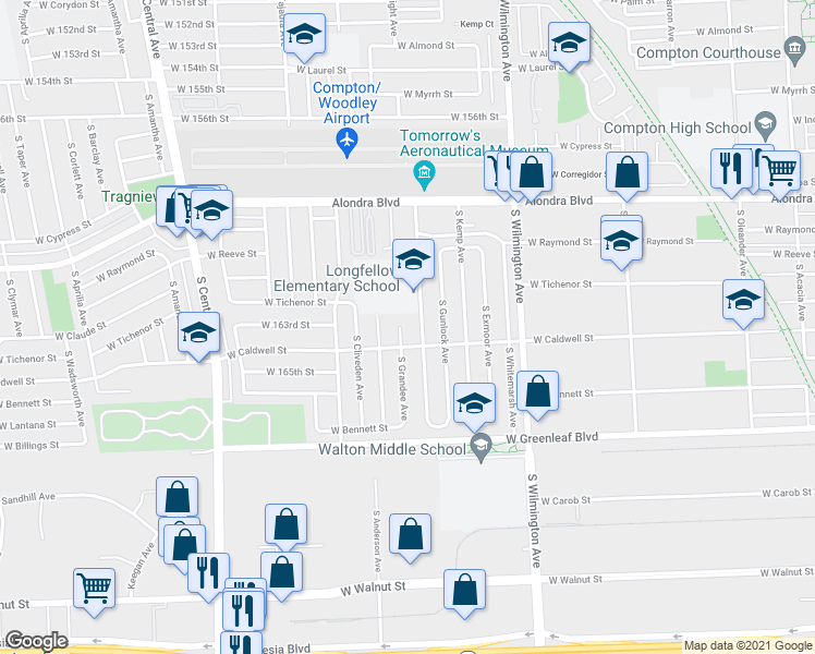 map of restaurants, bars, coffee shops, grocery stores, and more near 1210 South Grandee Avenue in Compton