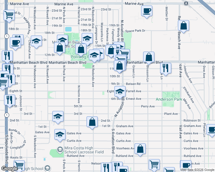 map of restaurants, bars, coffee shops, grocery stores, and more near 1760 9th Street in Manhattan Beach