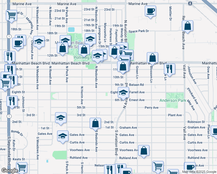 map of restaurants, bars, coffee shops, grocery stores, and more near 1741 9th Street in Manhattan Beach