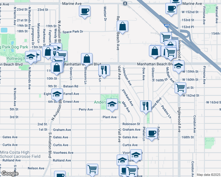 map of restaurants, bars, coffee shops, grocery stores, and more near 2216 Bataan Road in Redondo Beach