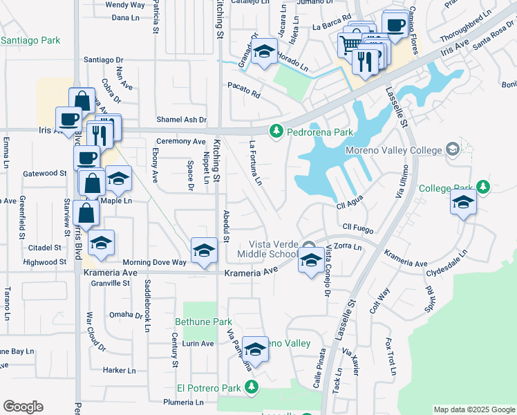 map of restaurants, bars, coffee shops, grocery stores, and more near 16210 La Fortuna Lane in Moreno Valley